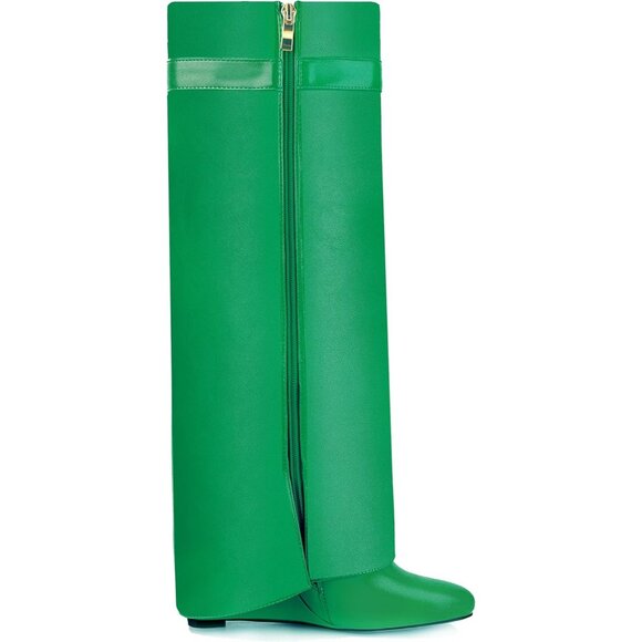 Women Faux Leather Green Pull-on Wedge Heel Knee Shark Padlock Design Boot - Picture 2 of 5